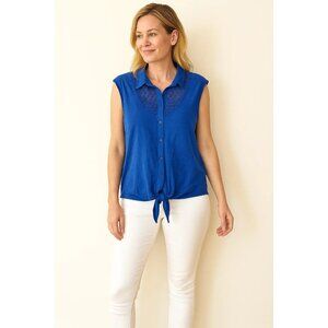 American Rag Cie Sleeveless Tie-Front Top With Lace Inset Bright Blue XXL NWT